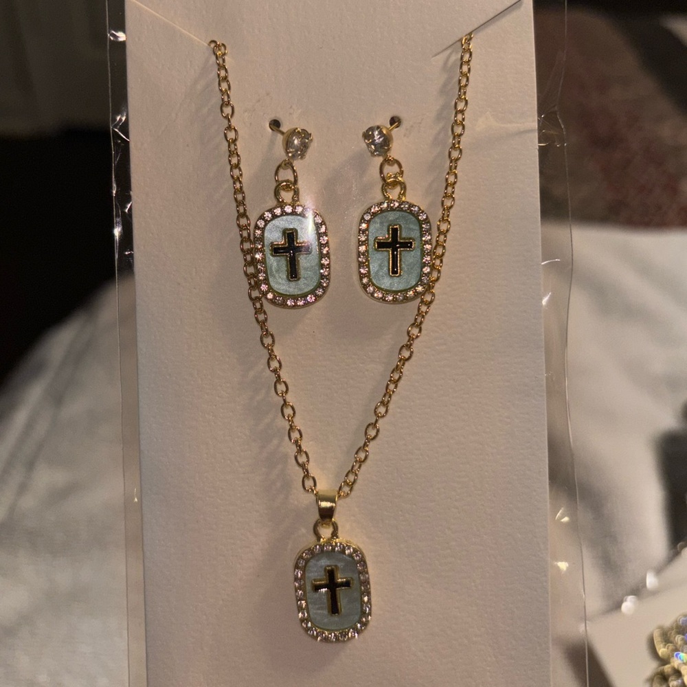 Gold and Blue Cross Jewelry Set